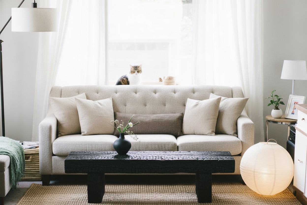 The same living room redesigned by Roomly in the Japandi style, with the sofa, window and lamps in place